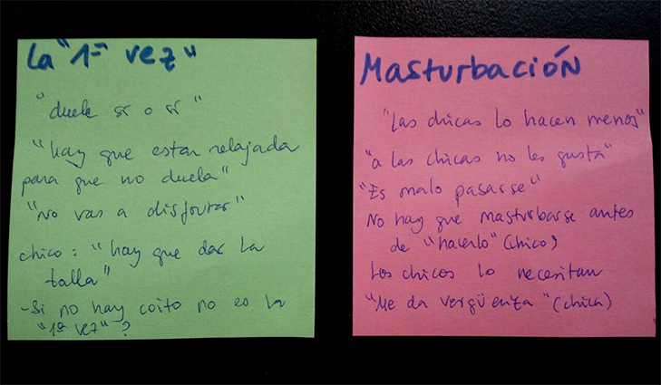 Dos postits, cada uno con un concepto clave. El primero es "la primera vez", el segundo es "masturbación. 