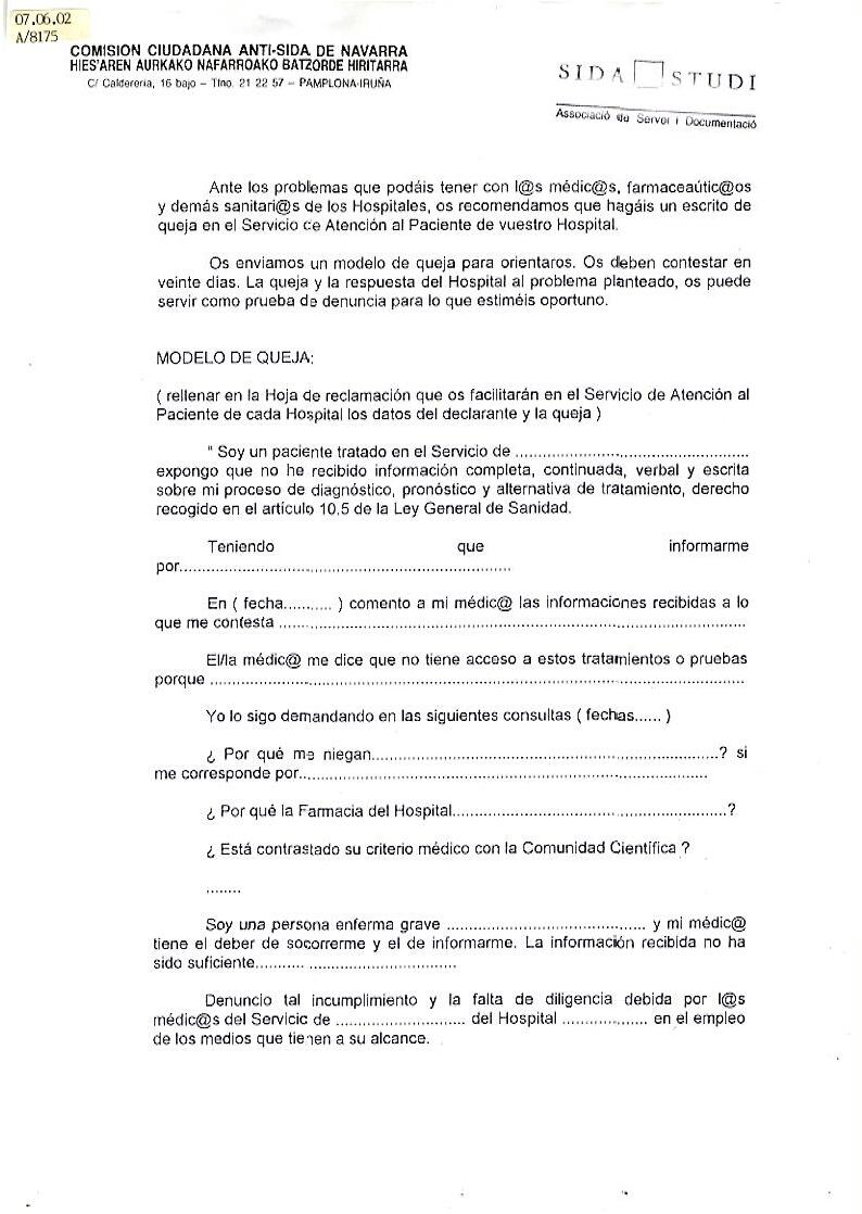 Modelo De Queja Al Servicio De Atencion Al Cliente Del Hospital Sida Studi