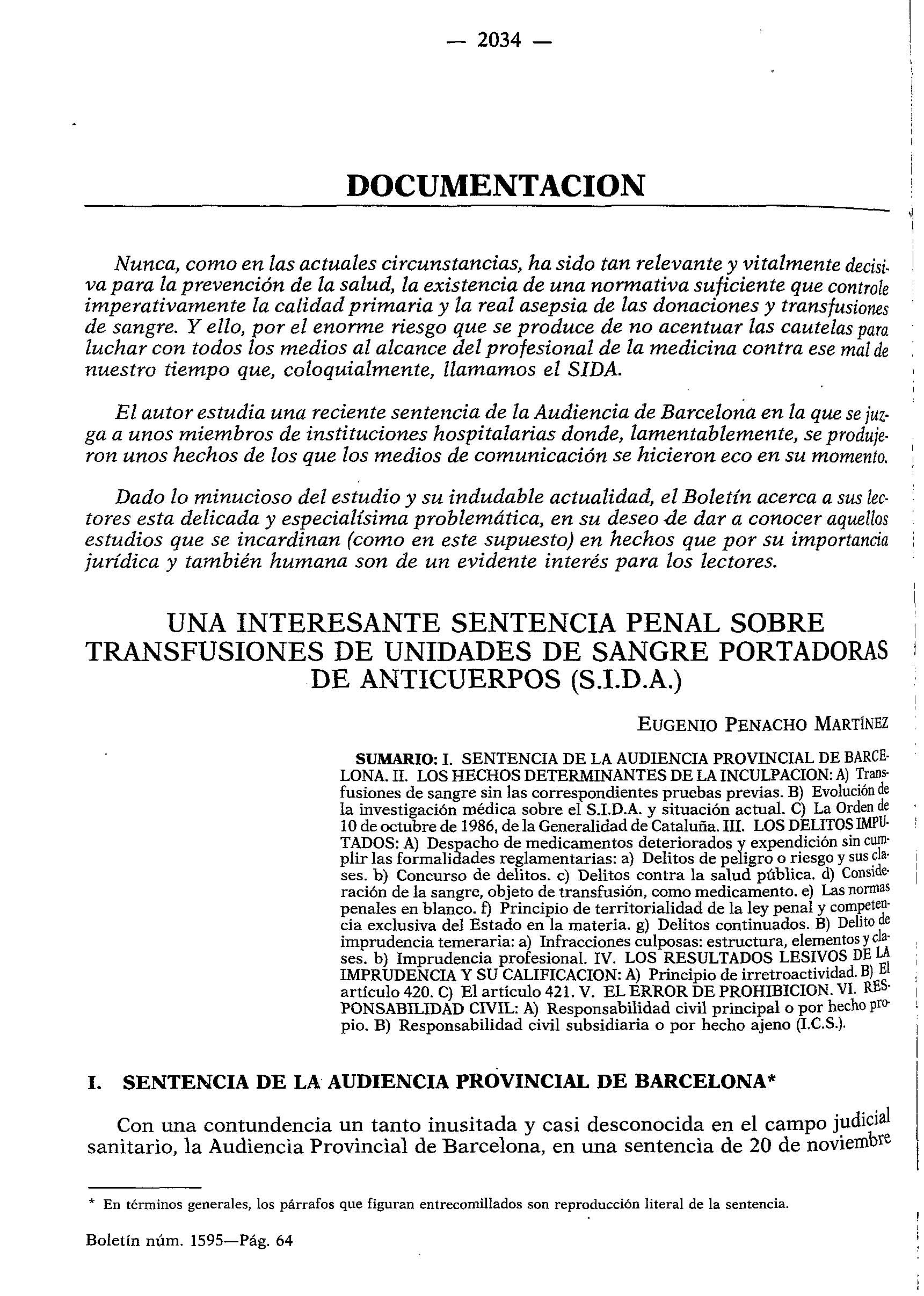 Una interesante sentencia penal sobre transfusiones de unidades de sangre  portadoras de anticuerpos (sida). SIDA STUDI